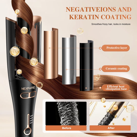 Curling Iron, Automatic Rotating Hair Curler with 1" Ceramic Barrel, Professional Curling Wand, Gold