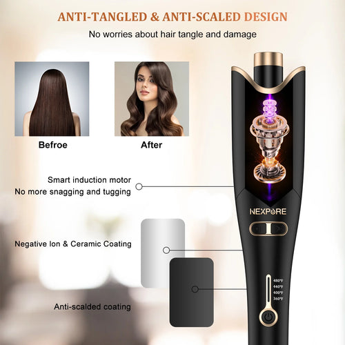 Curling Iron, Automatic Rotating Hair Curler with 1" Ceramic Barrel, Professional Curling Wand, Gold