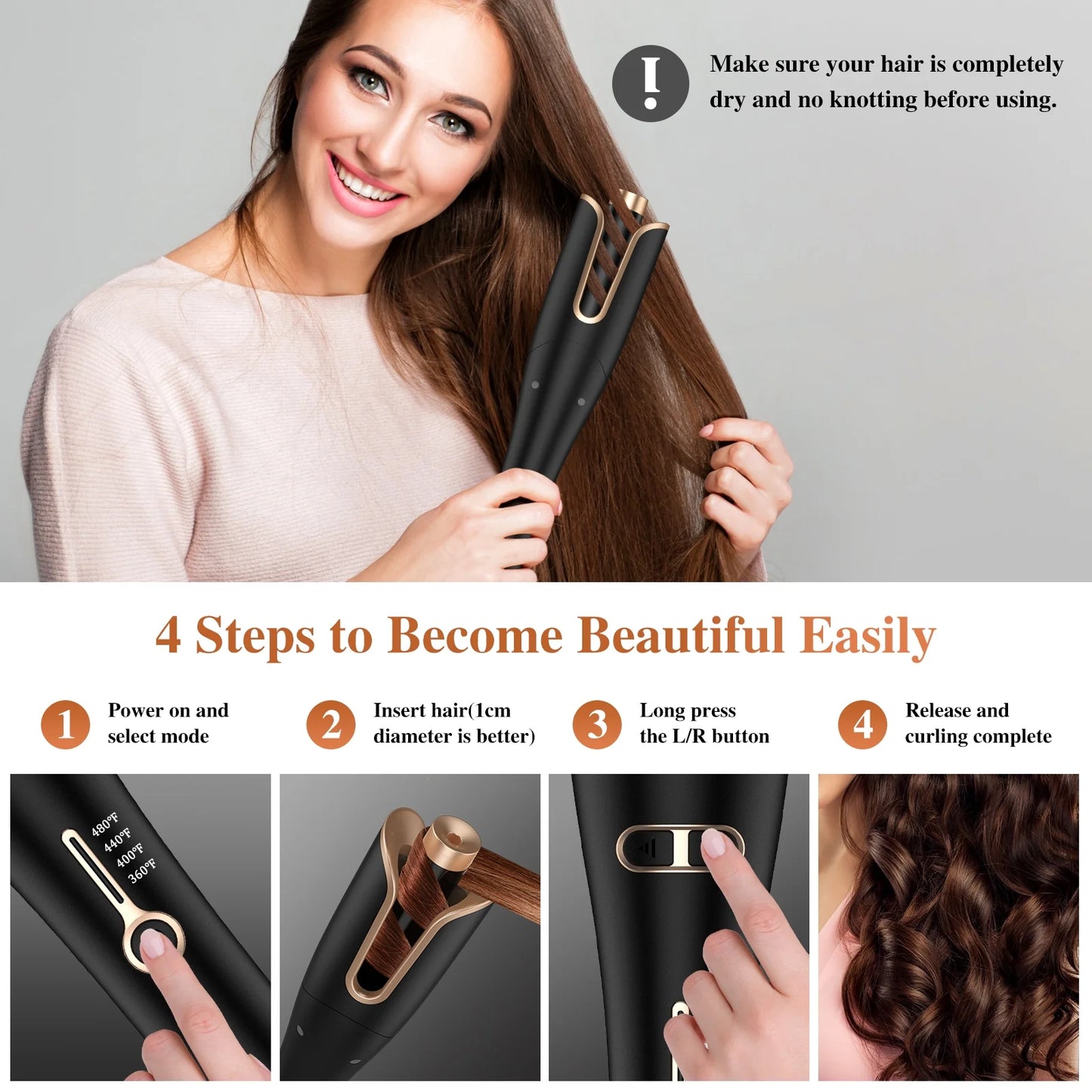 Curling Iron, Automatic Rotating Hair Curler with 1" Ceramic Barrel, Professional Curling Wand, Gold