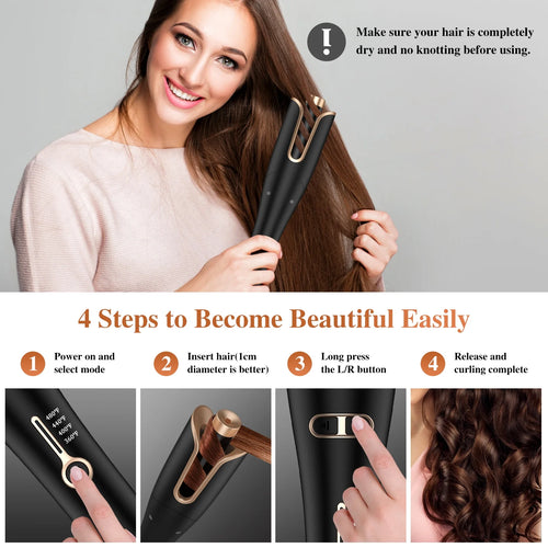 Curling Iron, Automatic Rotating Hair Curler with 1" Ceramic Barrel, Professional Curling Wand, Gold
