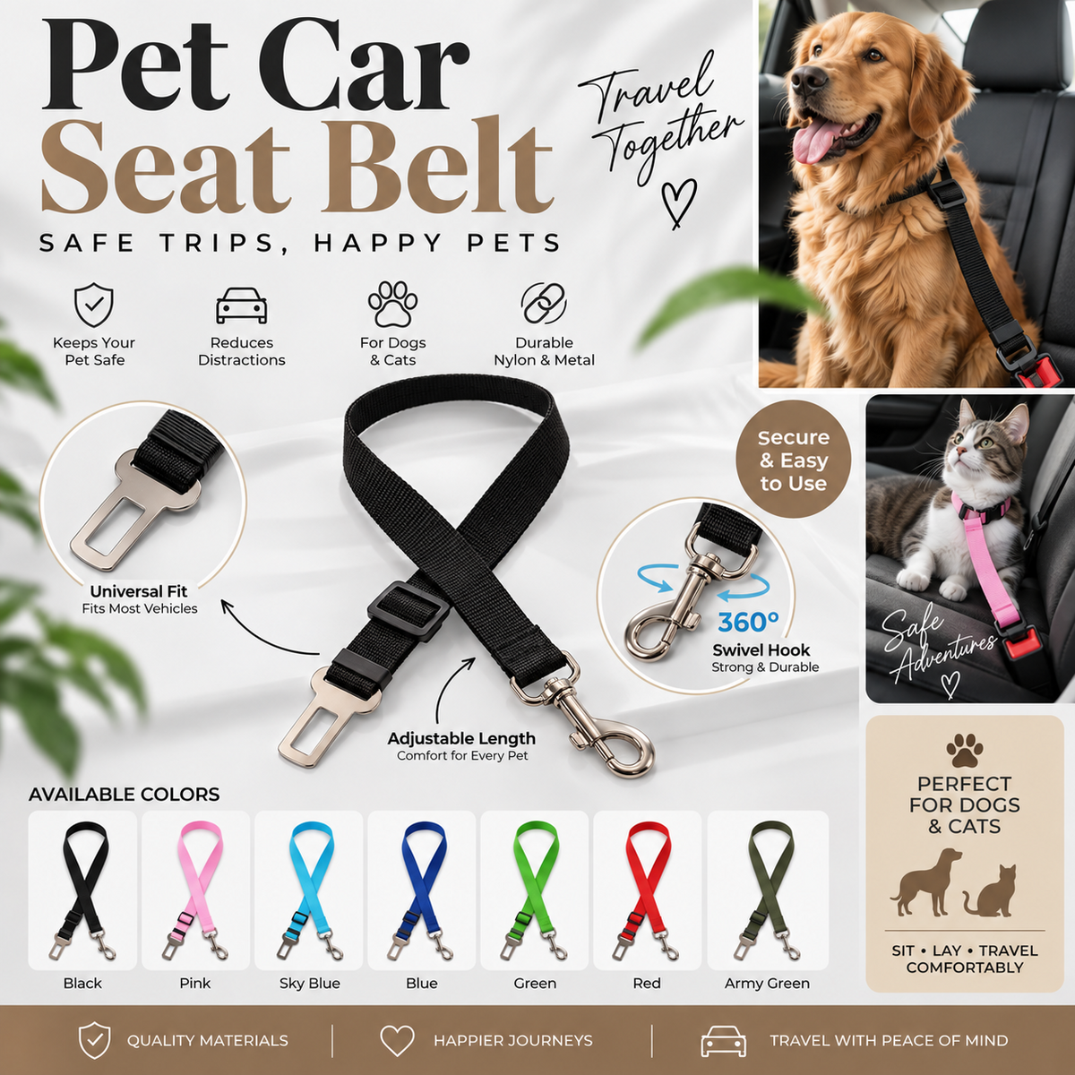 Adjustable pet car seat belt overview, colors and benefits