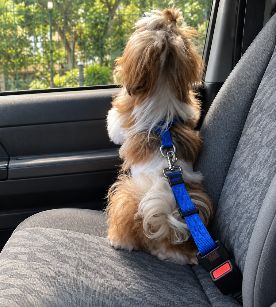 Dog secured with a blue adjustable pet seat belt
