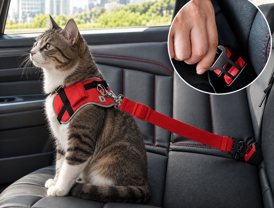 Cat secured with a red adjustable pet seat belt