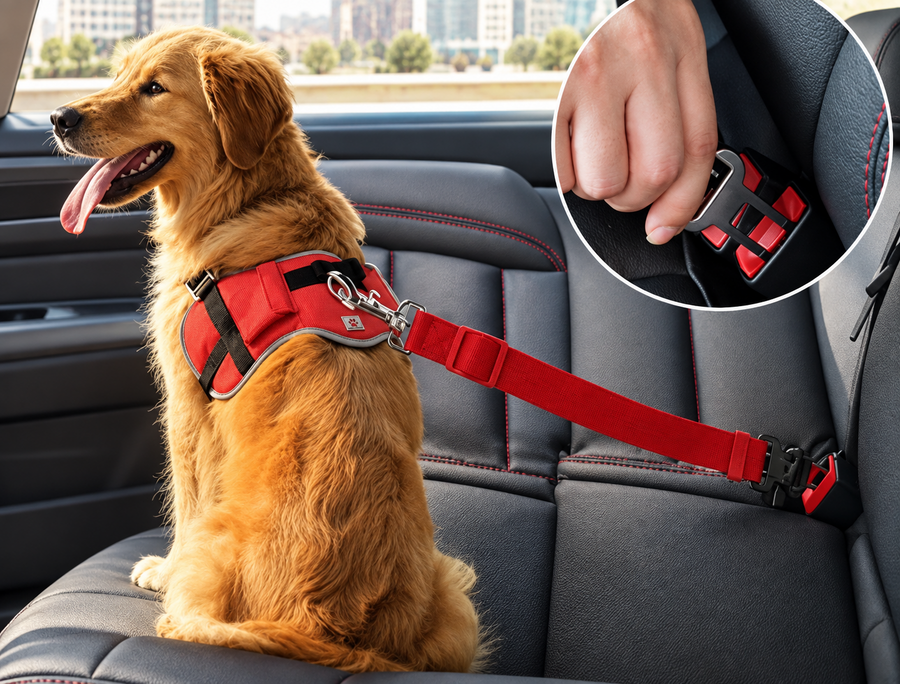 Golden retriever secured with a red adjustable pet seat belt
