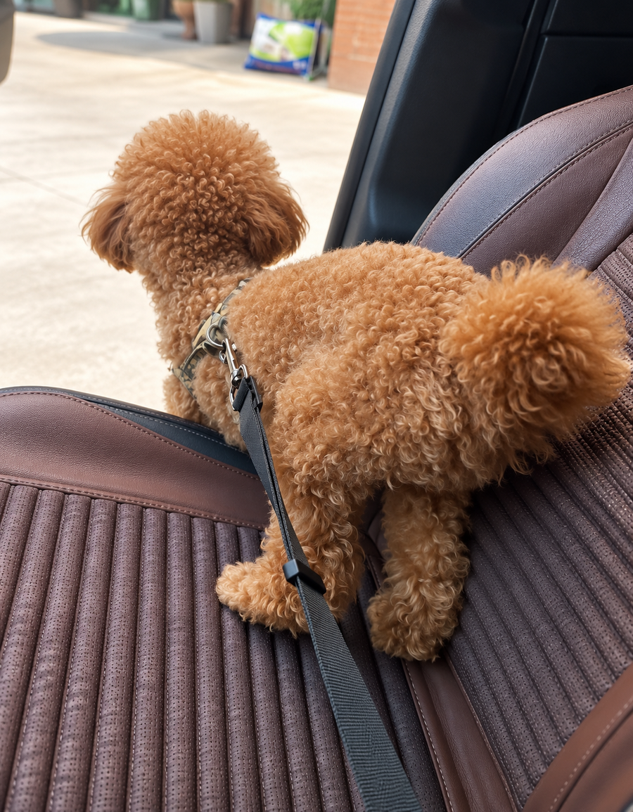 Small dog using an adjustable pet seat belt in a car